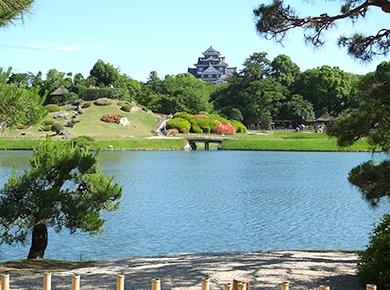 沢の池から岡山城を望む城の庭としての風格が漂う写真1